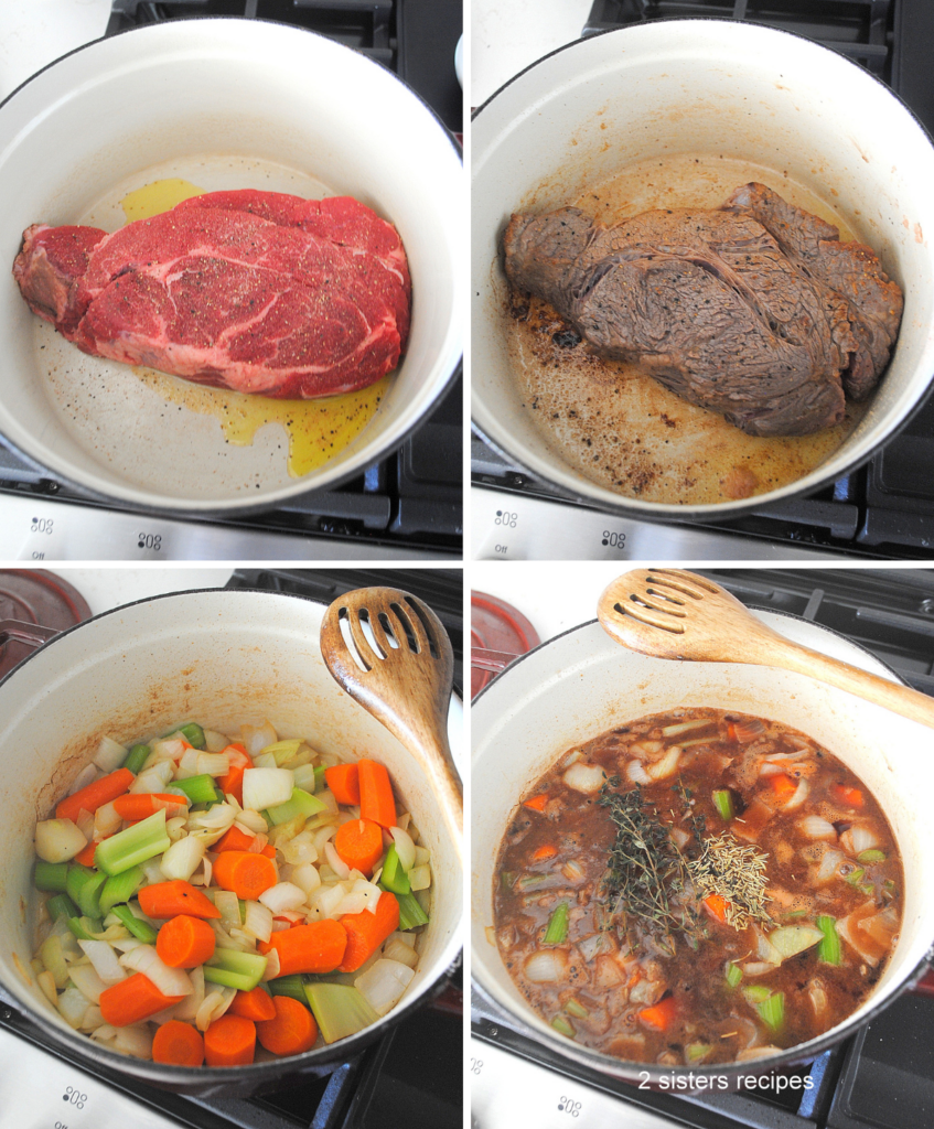 One Dutch oven with a large beef roast searing. Then mixed veggies and liquids and herbs added to the pot.